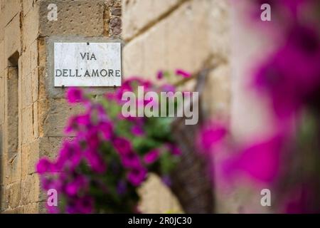 Road sign in Pienza, Val d`Orcia, province of Siena, Tuscany, Italy, UNESCO World Heritage Stock Photo